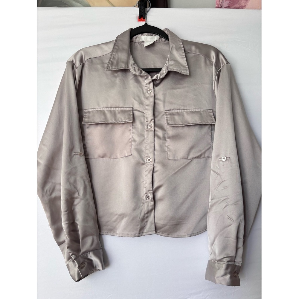 LIFE Womens Taupe Satin Cropped Button Down Shirt Long Sleeve Roll Tab Medium